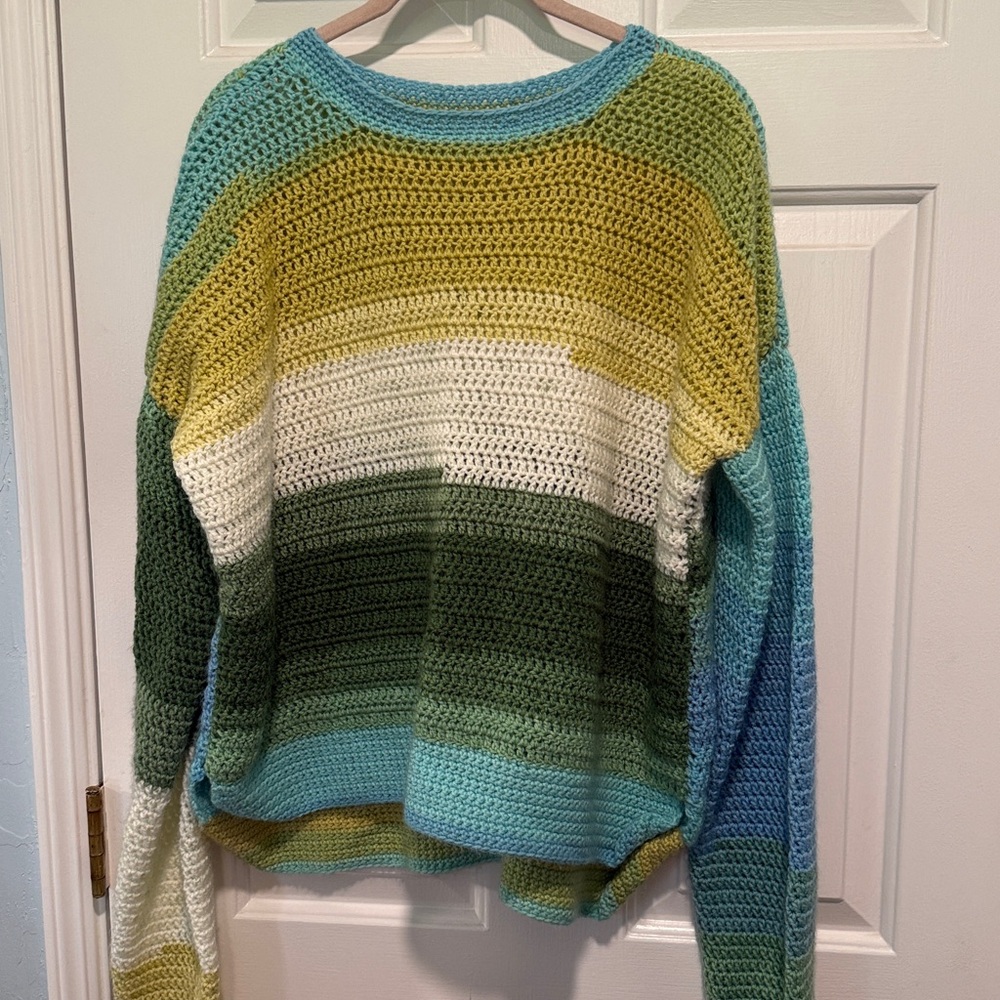 Hand knit sweater no labels‎ golds greens blues gorgeous pull over hi lo  L XL